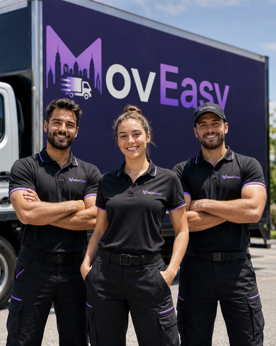 Friendly MovEasy moving crew in uniform in front of a MovEasy truck