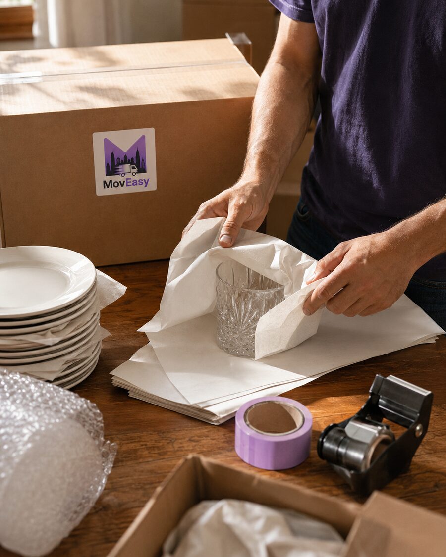 MovEasy packer carefully wrapping a fragile glass with branded box and supplies
