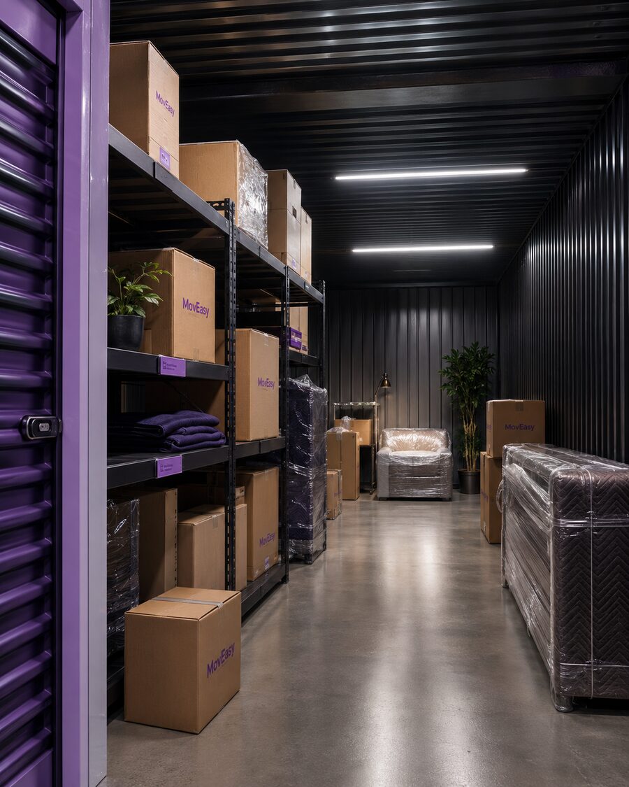 Clean MovEasy storage unit with labeled boxes and wrapped furniture